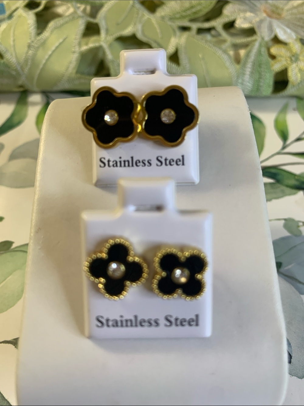 Black and Gold Floral Stainless Steel Stud Earrings - 2 Pair